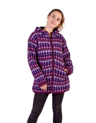 Predĺžený vlnený sveter s kapucňou a vreckami, fialový