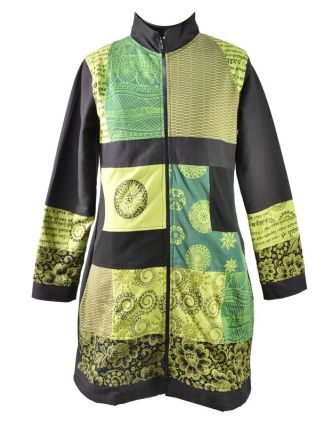 Patchworkový kabát s zapínaný na zips, kombinácia tlače, zeleno-šedo-čierna