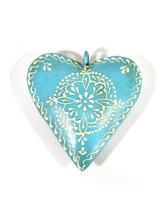 Závesná dekorácia - tyrkysové ručne maľované srdce, kov, 11x3x11cm