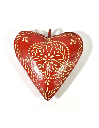 Závesná dekorácia - červené ručne maľované srdce, kov, 11x3x11cm