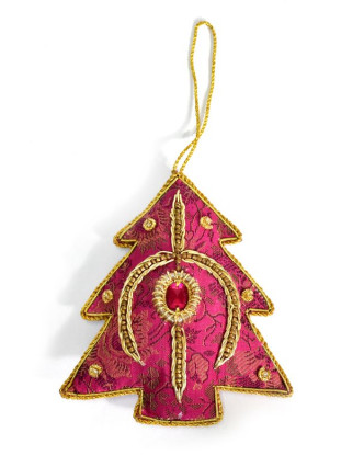 Ručne vyrábaná vianočná ozdoba stromček, ružový brokát, zdobená, 12x10cm