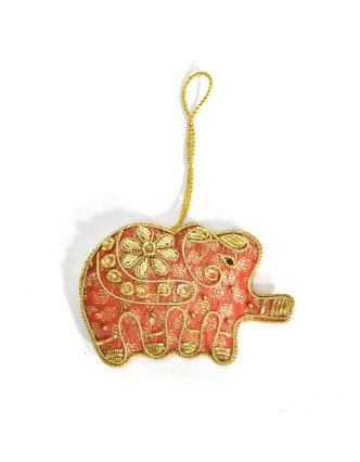 Ručne vyrábaná vianočná ozdoba slon, červený brokát, zdobená, 9,5x6,5cm