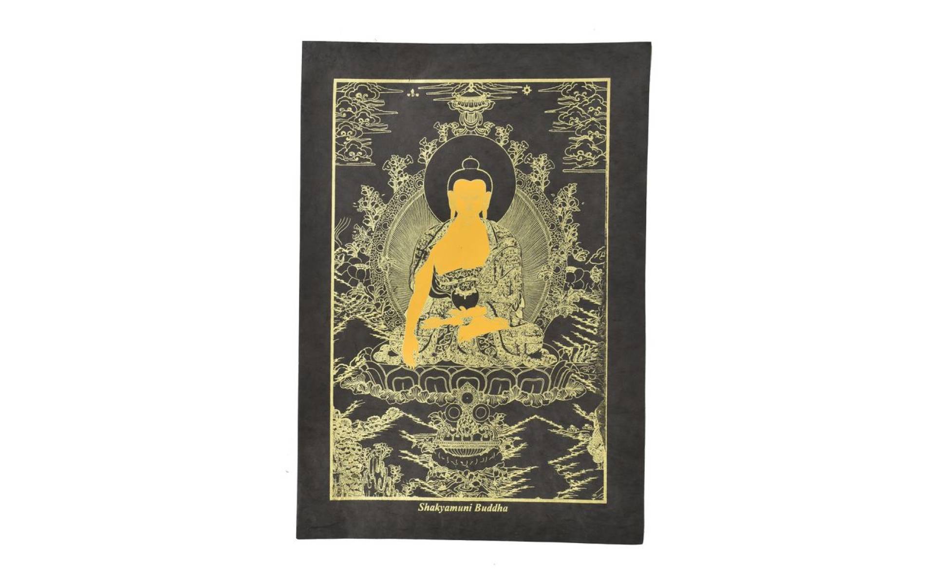 Budha Šakjamúni, zlatá tlač na čiernom papieri, 47x36cm