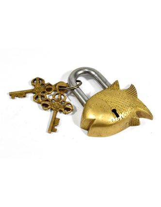 Mosadzný visiaci zámok zlatá ryba, 2 kľúče, 9,5x8cm