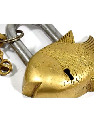 Mosadzný visiaci zámok zlatá ryba, 2 kľúče, 9,5x8cm