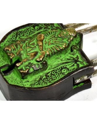 Visiaci zámok, zelená patina mosadz, Sai Baba, dva kľúče v tvare dorje, 9cm