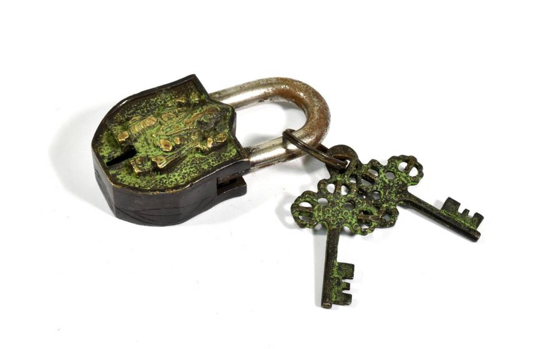 Visiaci zámok, Ganéš, zelená patina mosadz, dva kľúče v tvare dorje, 9cm