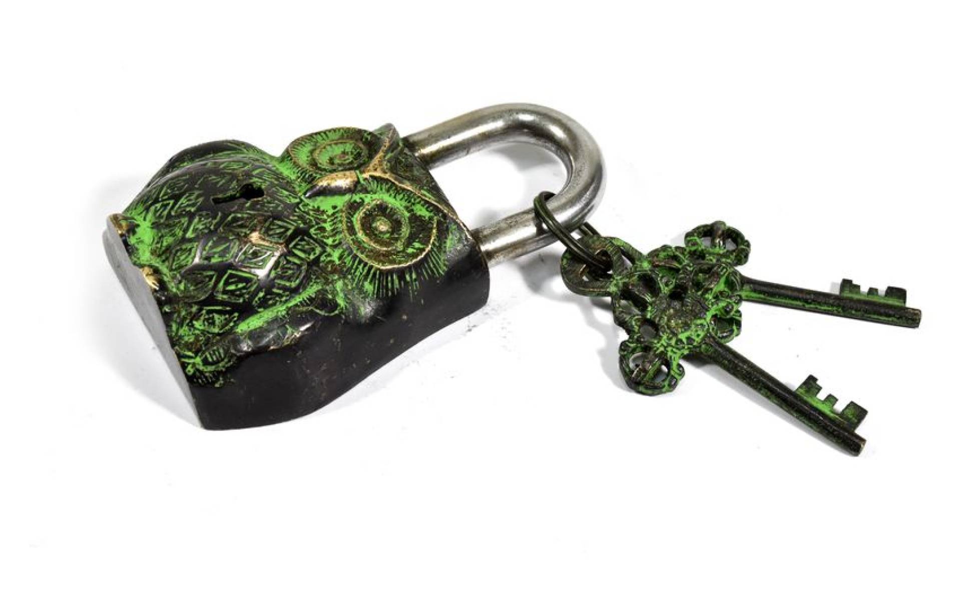Visiaci zámok, Sova, zelená mosadz, dva kľúče v tvare dorje, 12cm