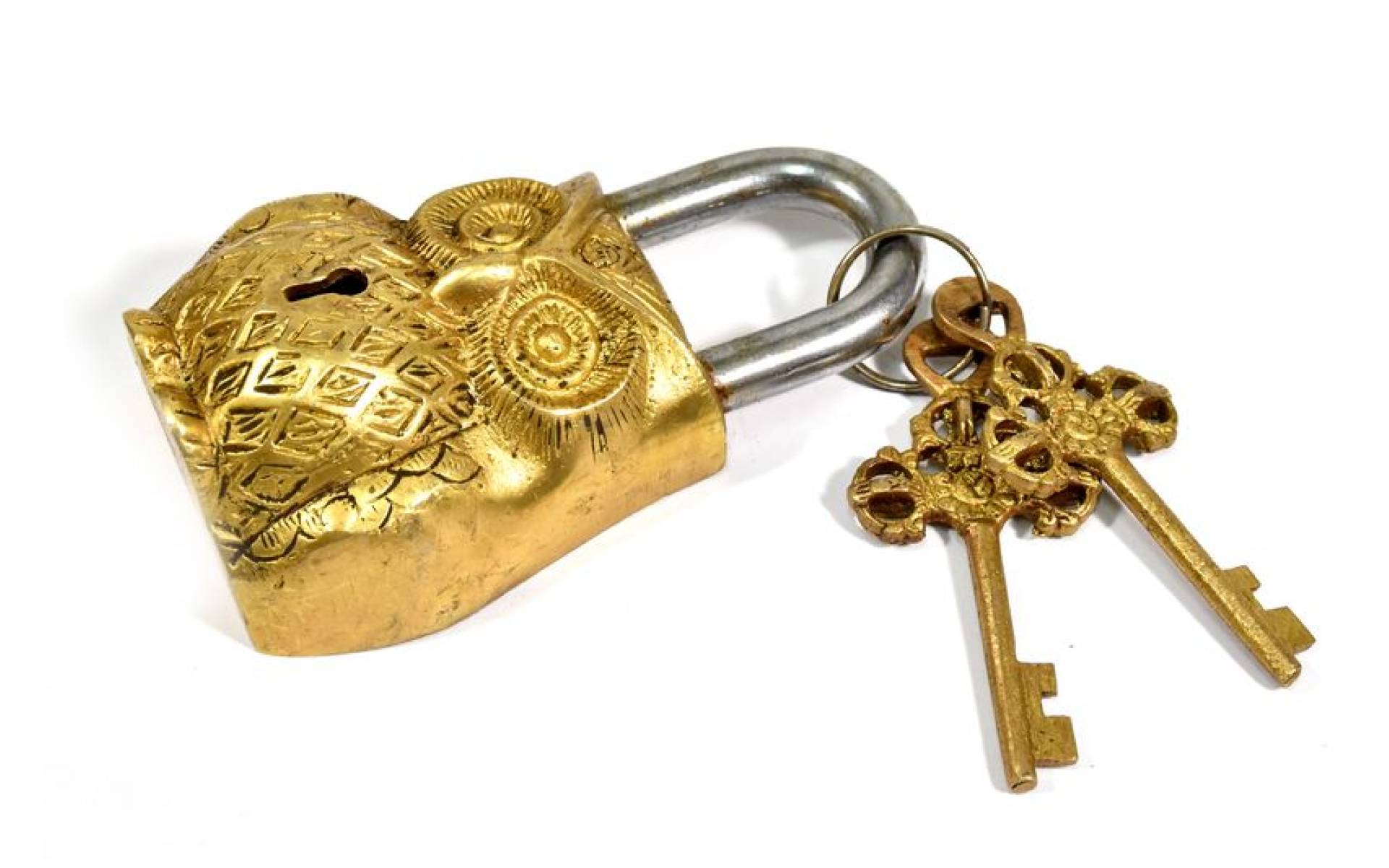 Visiaci zámok, Sova, zlatá mosadz, dva kľúče v tvare dorje, 12cm