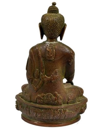 Buddha Amoghasiddhi, mosadzná soška so striebornou intarzí, 21cm