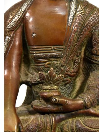 Buddha Amoghasiddhi, mosadzná soška so striebornou intarzí, 21cm