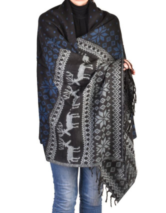 Veľký zimný šál so vzorom jeleňov, čierno-modrá, 205x95cm