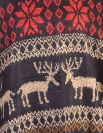 Pončo s golierom a strapcami, vzor jelene, čierno-červená, univerzálna veľkosť