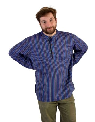 Pruhovaná pánska košeľa-kurta s dlhým rukávom a vreckom, fialová