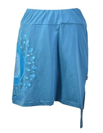 Krátka modrá sukňa s potlačou a sťahovacou šnúrkou, pružný pás