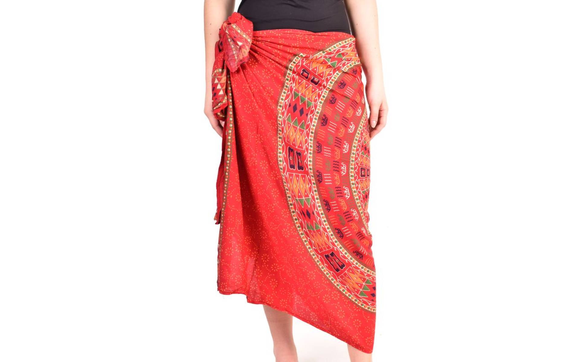 Sárong s ručnou tlačou, červený, Mandala, slony, 110x170cm