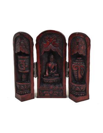 Budha, cestovný oltár, červeno hnedý, živica, 12cm