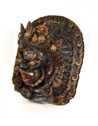 Drevená maska, Bhairab sa soškou Budhu, ručne maľovaná, 60x64cm