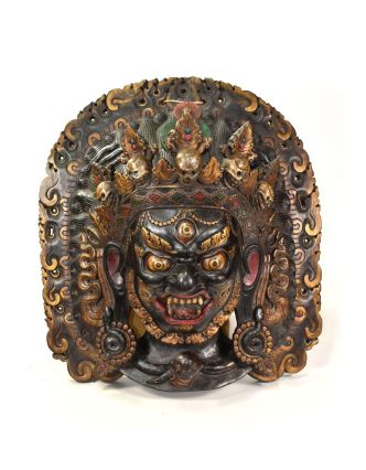 Drevená maska, Bhairab sa soškou Budhu, ručne maľovaná, 60x64cm