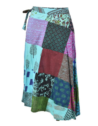 Dlhšia zavinovacie sukne s potlačou, patchwork dizajn, tyrkys, viazačka