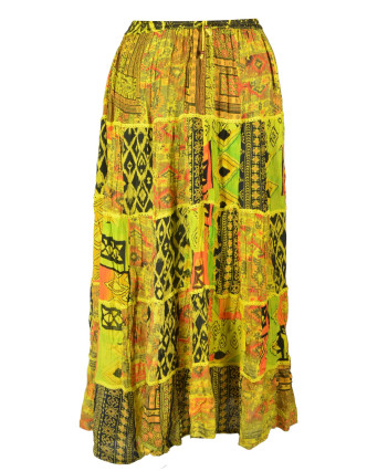 Dlhá žltá patchworková sukňa, kombinácia potlačí, pružný pás