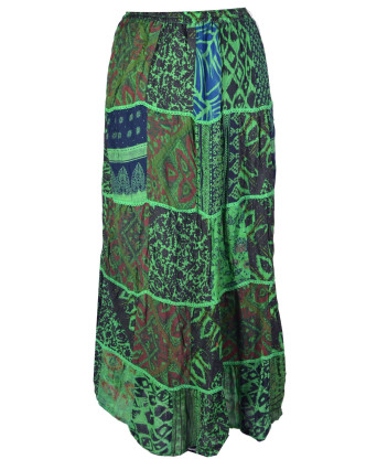Dlhá zelená patchworková sukňa, kombinácia potlačí, pružný pás