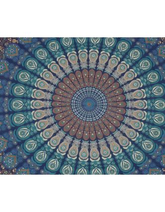 Prikrývka na posteľ, "Barmeri round", mandala, 202x220cm, modro-tyrkysový