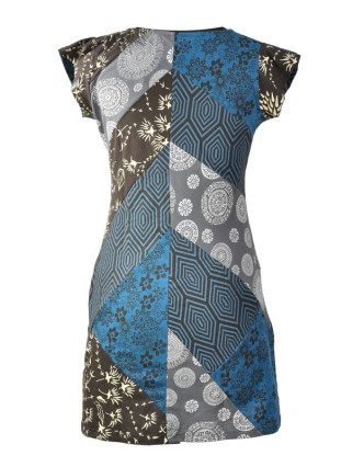 Krátke šaty s krátkym rukávom, modro-sivý patchwork, Patch design