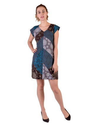 Krátke šaty s krátkym rukávom, modro-sivý patchwork, Patch design