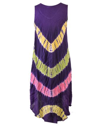Krátke fialové šaty bez rukávov, farebné batikované pruhy, výšivka