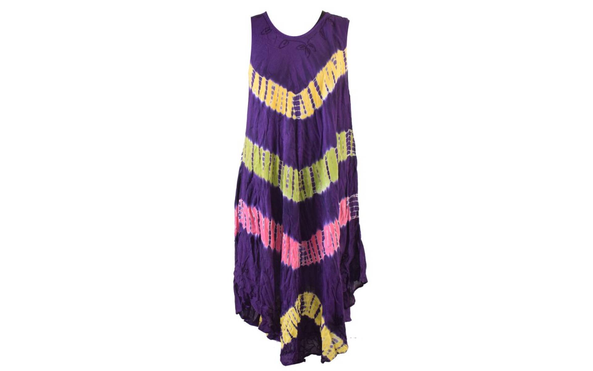Krátke fialové šaty bez rukávov, farebné batikované pruhy, výšivka