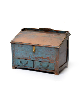Starý Kupecký stolík z teakového dreva, modrá patina 64x40x47cm