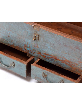 Starý Kupecký stolík z teakového dreva, modrá patina 64x40x47cm
