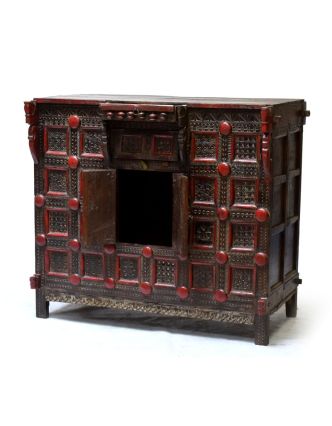 Stará komoda z teakového dreva, zdobená ručnými rezbami, 121x66x111cm