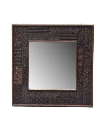 Zrkadlo v ráme z teakového dreva zdobené starými raznicami, 58x4x58cm
