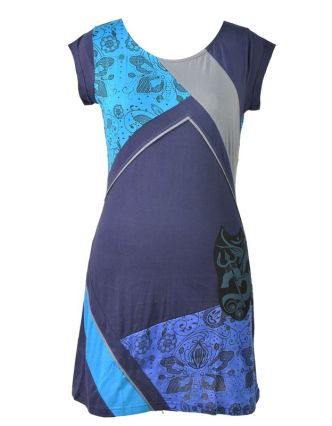 Modro-tyrkysové šaty s krátkym rukávom, mix potlačí, Shiva Óm dizajn