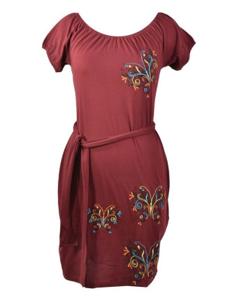 Vínové šaty na ramená, krátky rukáv, farebná výšivka motýľ