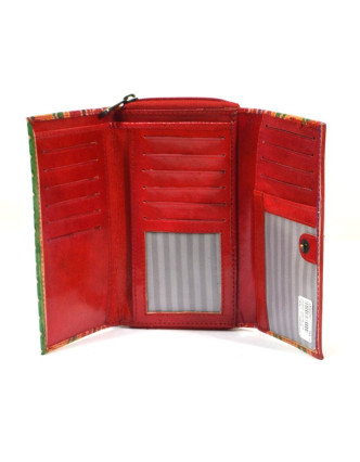 Peňaženka zapínaná na zips, červená, pruhy, maľovaná kože, 17x11cm