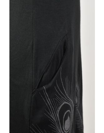 Čierne šaty s golierom, bez rukávov, šedý potlač Peacock