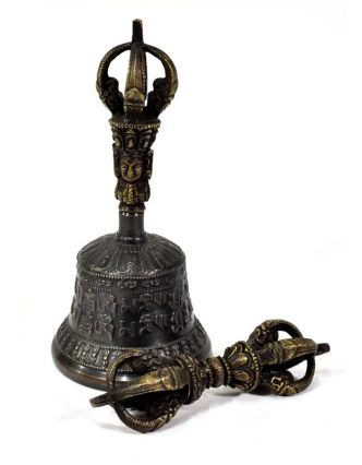 Tibetský zvon a Dorji, bronzová farba, ornament, 15cm