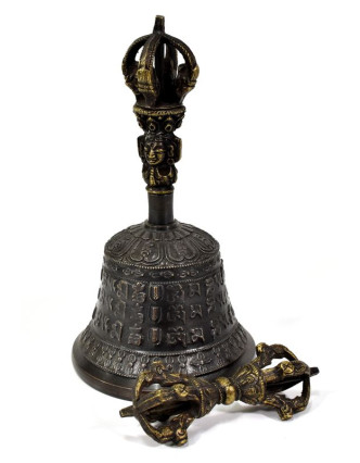 Tibetský zvon a Dorji, bronzová farba, ornament, 18cm