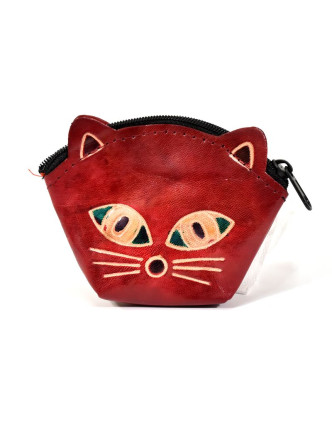 Peňaženka na drobné, červená, maľovaná koža, mačacie hlava, 10x8cm