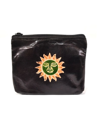 Peňaženka na drobné, čierna, slnko ručne maľovaná kože, 10,5x8,5 cm