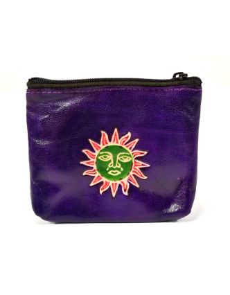 Peňaženka na drobné, fialová, slnko ručne maľovaná kože, 10,5x8,5 cm