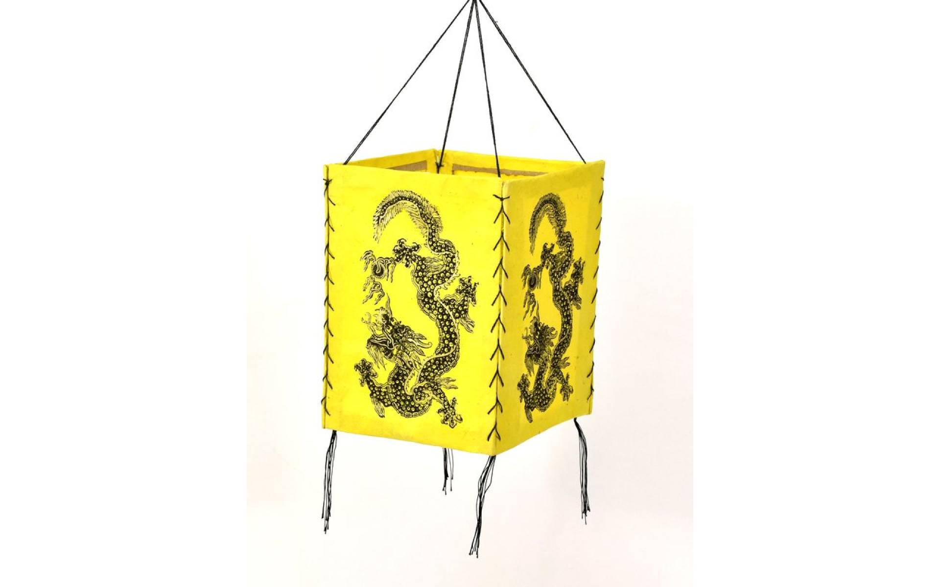 Štvorboký lampión - tienidlo so zlatou potlačou draka, žlté, 18x25cm