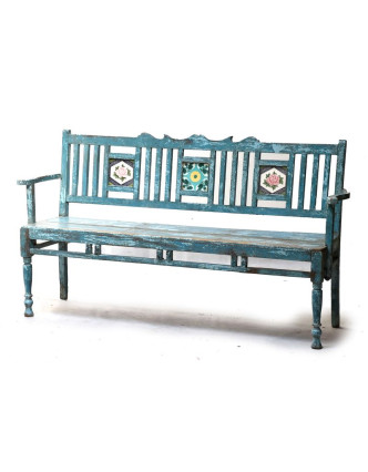 Stará lavička z teakového dreva zdobená keramickými dlaždicami, 166x45x92cm