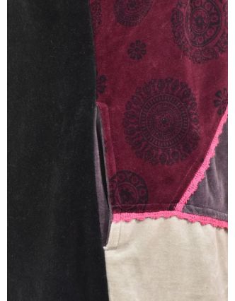Vínovo-hnedý zamatový kabátik s kapucňou, patchwork a Chakra tlač, pletenie