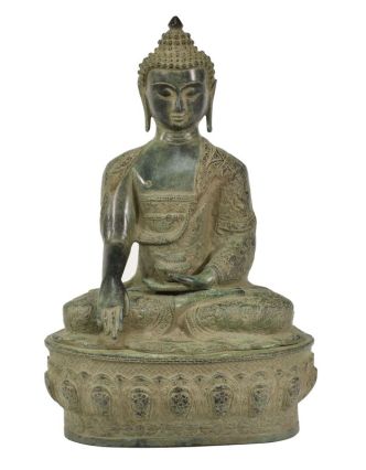 Budha Šakjamúni, antik zelená patina, mosadz, 35x23x53cm
