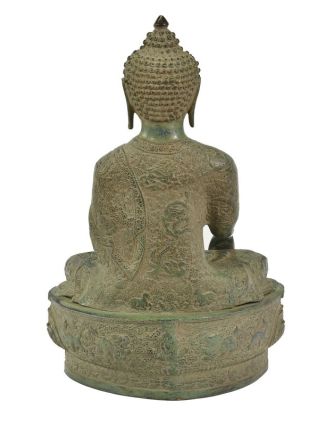 Budha Šakjamúni, antik zelená patina, mosadz, 35x23x53cm