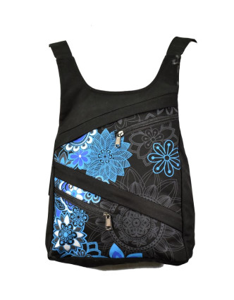 Originálny batoh s piatimi vreckami, čierny s modrou potlačou, ručné práce, 32x36cm